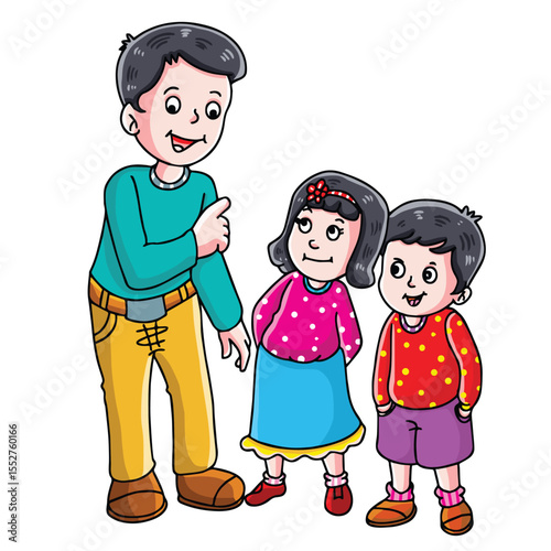 Cute cartoon hand drawn vector  father teaching something his kids clipart.