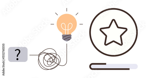Question mark linked to a tangled line leading to a glowing light bulb symbolizing ideas and solutions, with a star and progress bar representing goals and success. Ideal for creativity, innovation