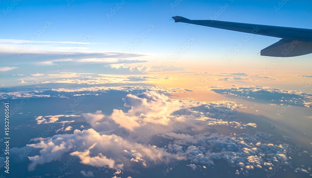 Fototapeta premium Airplane view of clouds at sunset.