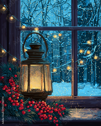 Christmas lantern burning on the window next to fir tree braches and holly berries with garland and snow forest outside 