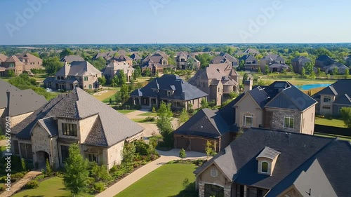 Aerial Panorama of a Suburban Neighborhood Featuring Various Architectural Styles of Homes with Lush Green Lawns and Mature Trees under a Clear Blue Sky