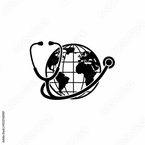 Stethoscope encircles globe representing global healthcare and medical research around the world