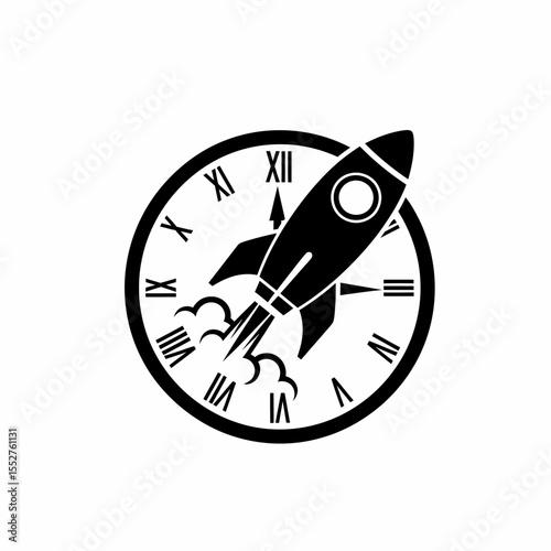Rocket Launching From Clock Face Indicating Time Management And Startup Success