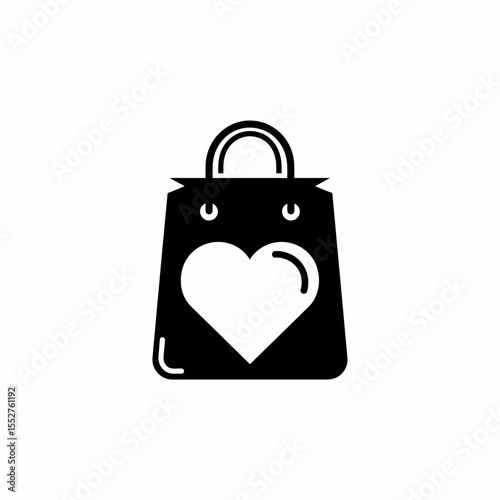 Black shopping bag with white heart symbol isolated on white background