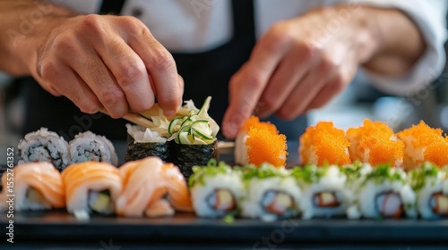 The chef is preparing sushi using chopsticks and ingredients