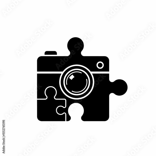 Abstract camera lens integrated into puzzle piece symbol for photography concept