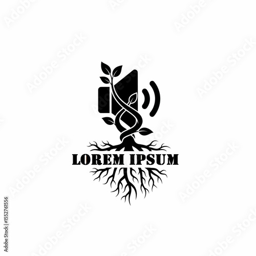 Sound wave growth tree logo with speaker icon and roots concept for organic music and nature sound