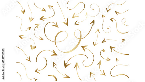 Gold Brush Stroke Arrows Curved Decorative Icons Set