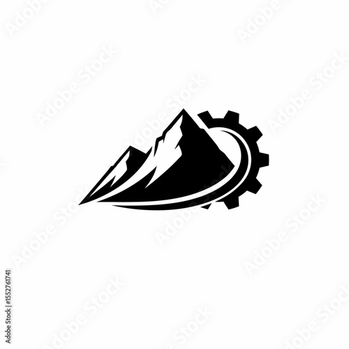 Mountain peak with gear symbol representing adventure and industry