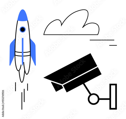 Rocket launching upwards with cloud in background and surveillance camera in foreground. Ideal for technology, innovation, aerospace, security, monitoring, futuristic concepts, simple landing page