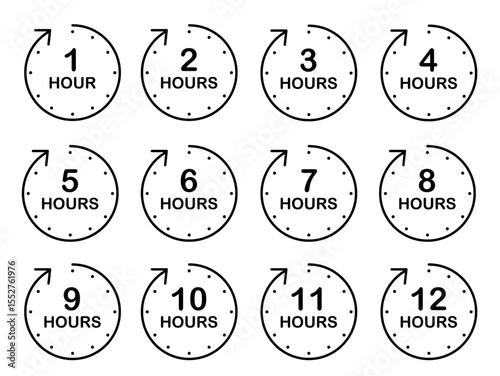Monochrome hourly countdown icons from 1 to 12 hours for digital planners and printable time trackers, Icon Set