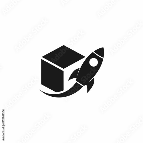 Black cube with a flying rocket on white background symbolizing startup and launch