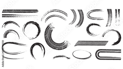 Black Grunge Tire Track Marks Circular and Linear Set