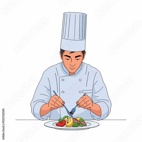 Skilled Chef Expertly Prepares Delicious Gourmet Meal on White Background