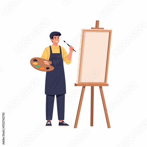 Young Artist Painting on Canvas on an Easel with Palette and Brush