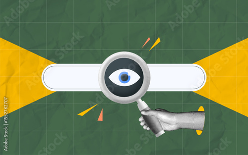 halftone collage, Search bar with eye icon and hand holding magnifying glass, online visibility, data monitoring, internet search and digital surveillance