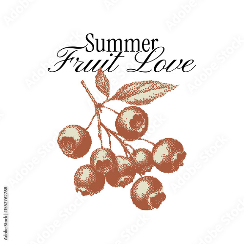 Vintage fruit illustration in photocopy texture style. Summer berry halftone print for retro t-shirt design, farmers market, organic labels or botanical branding.