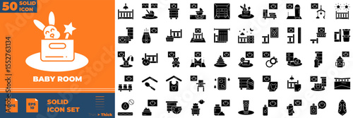 Baby Room Solid Editable Icons set. Vector illustration in modern thin solid style of baby room icons: bed, furniture, carpet, floor lamp, etc
