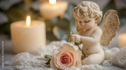 Cherub angel figurine holding rose with lit candle and lace decoration, flower creating warm peaceful and delicate atmosphere for home decor