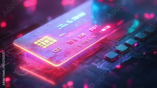 Credit card chip glowing on electronic circuit board with neon light, futuristic digital technology and secure finance payment concept