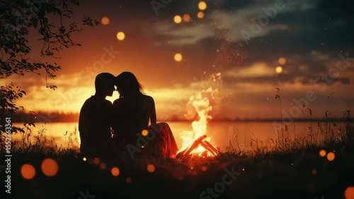 Couple sitting by campfire near lake sunset romantic outdoor scene with warm glowing firelight and peaceful nature atmosphere sharing romantic moment
