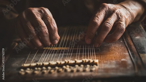 A person plays strings on a stringed musical instrument expertly