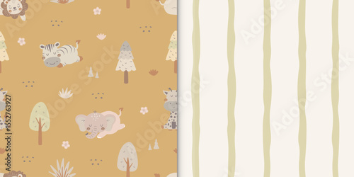 Cute safari animal pattern. Seamless animal, forest and striped pattern. Wildlife background. For wallpaper, print, wrapping paper, fabric, kids fashion, baby apparel