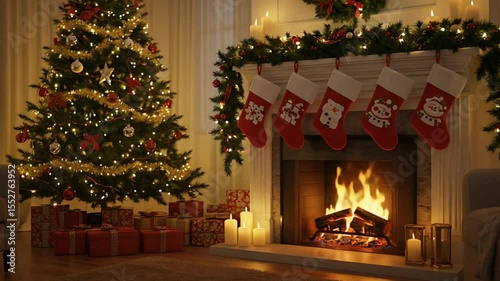 Cozy Christmas fireplace scene with stockings, tree, gifts