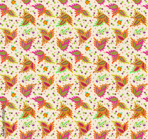 Elegant pattern with multicolor coleus leaves in paisley shape, small branches with berries, tiny buds and roses on light beige background in vector. Boho print for fabric.