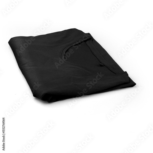 A neatly folded black t-shirt, showcasing its simple design and versatility for casual wear.