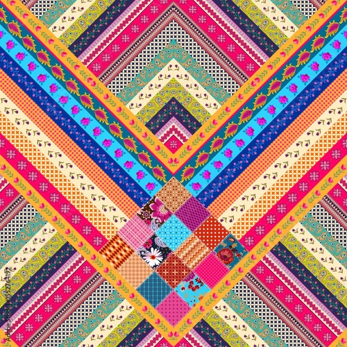 Boho seamless zigzag patchwork pattern of multicolored stripes and squares with floral and abstract ornament. Beautiful print for fabric in folk style.