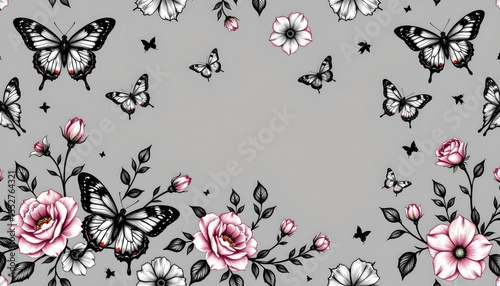 Wallpaper Mural a pattern consisting of pink flowers with butterflies interspersed, set against a dark background Torontodigital.ca