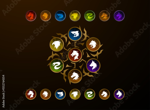 magic circle amulet nature animal house clan symbol badge in fantasy gold frame. shark, dragon, wolf, lion, horse, snake, eagle icon