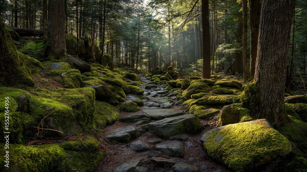 Obraz premium Mossy Forest Path With Sunlight
