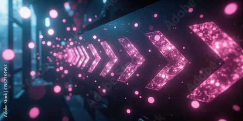 Data Migration Flow, abstract 3D arrows with particle trails, blue-to-purple gradient, isometric perspective, motion blur effect