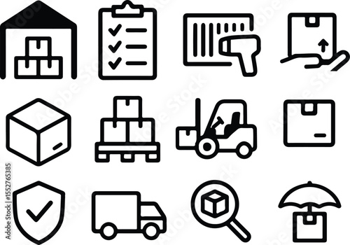 Black Vector Silhouettes of Warehouse and Inventory Icons – Adjustable Line Weight Logistics and Supply Chain Symbol Set on White Background