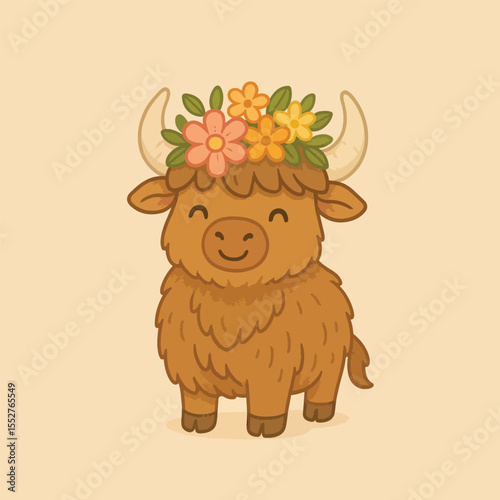 Highland Cow in Floral Crown: A charming illustration of a Highland cow, adorned with a delightful floral crown, embodying joy and whimsy against a neutral background.