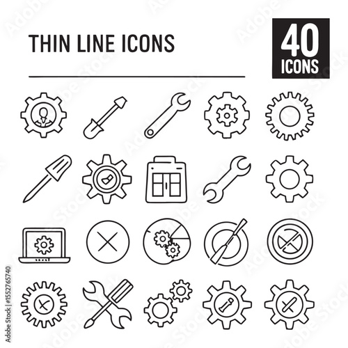40 Thin Line Icons Tools, Gears, and Settings for Web Design