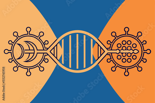 D N A strand with virus symbols on orange and blue background