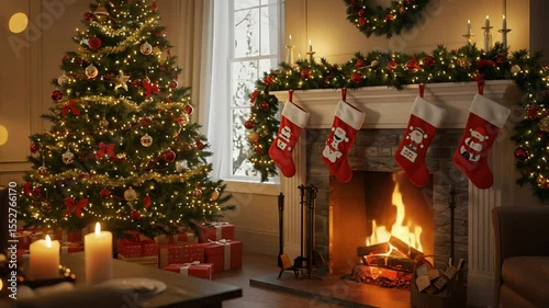 Cozy Christmas fireplace scene with tree, stockings, and presents, snowy window view