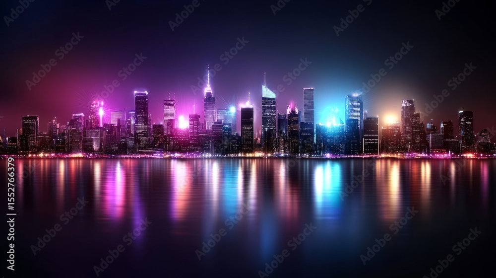 Fototapeta premium Nighttime urban landscape colorful skyline and reflective water