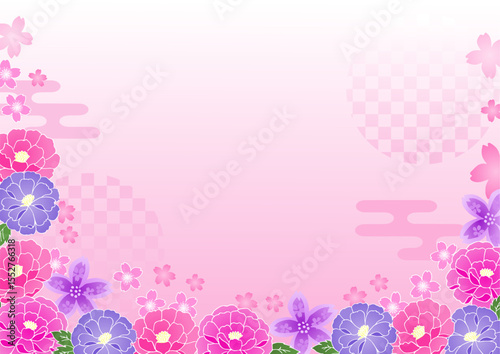 Japanese pattern peony and cherry blossom cute vector background pink 和柄 牡丹と桜の可愛いベクター背景 ピンク