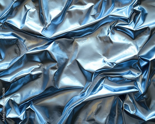 Crumpled blue metallic fabric texture showcasing elegant folds and reflections