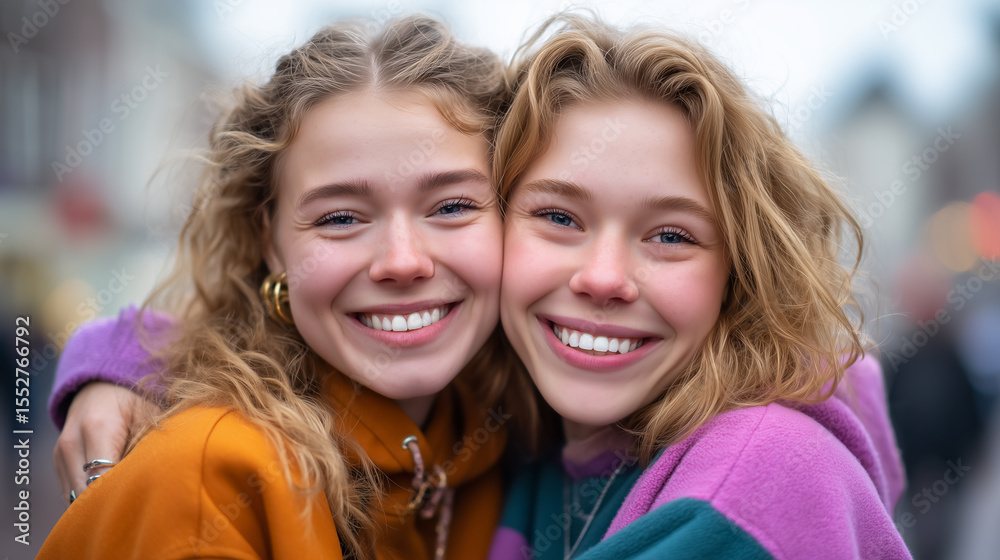 Obraz premium Friends share joyful embrace on bustling street, wearing colorful outfits. Blurred urban background enhances playful mood. Concept of friendship, community, lifestyle brands