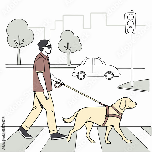 Blind Man Walking with Guide Dog – Flat Vector for Disability Awareness, Accessibility Campaigns, and Safety Illustrations

