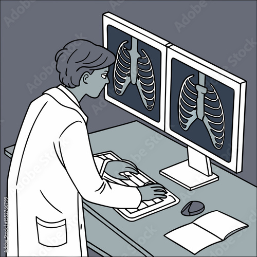 Male Radiologist Reviewing Chest X-Ray Scan in hospital setting for disease diagnosis  – Flat Vector for Diagnostic Clinics, Radiology Portals, and Medical Imaging Systems

