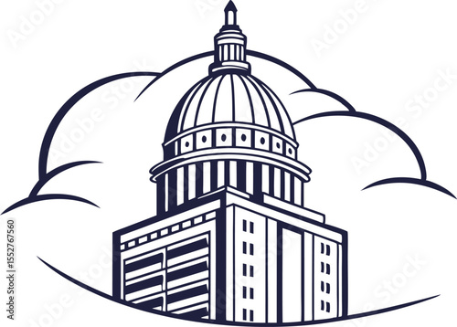 Dark blue outline of a domed building with clouds architecture