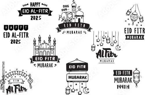 Eid Mubarak Doodle Illustration – Festival, Mosque, Celebration, Lantern, Greeting, Muslim