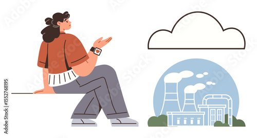 Woman sitting thoughtfully, observing a factory with emissions under a cloud. Ideal for climate change, industrial impact, environmental awareness, pollution, sustainability, eco-consciousness
