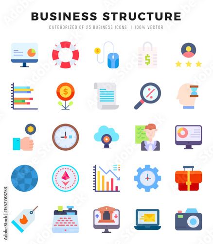 Set of Business Structure Icons. Simple Flat art style icons pack. Vector illustration.